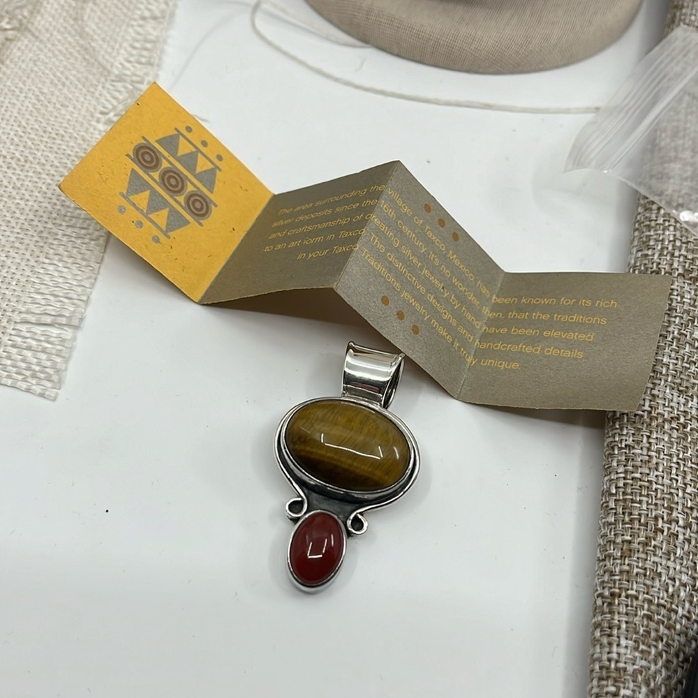 Vintage CII Mexico 925 Sterling Tiger's Eye & Carnelian Pendant Heavy 18.4g - Picture 4 of 16